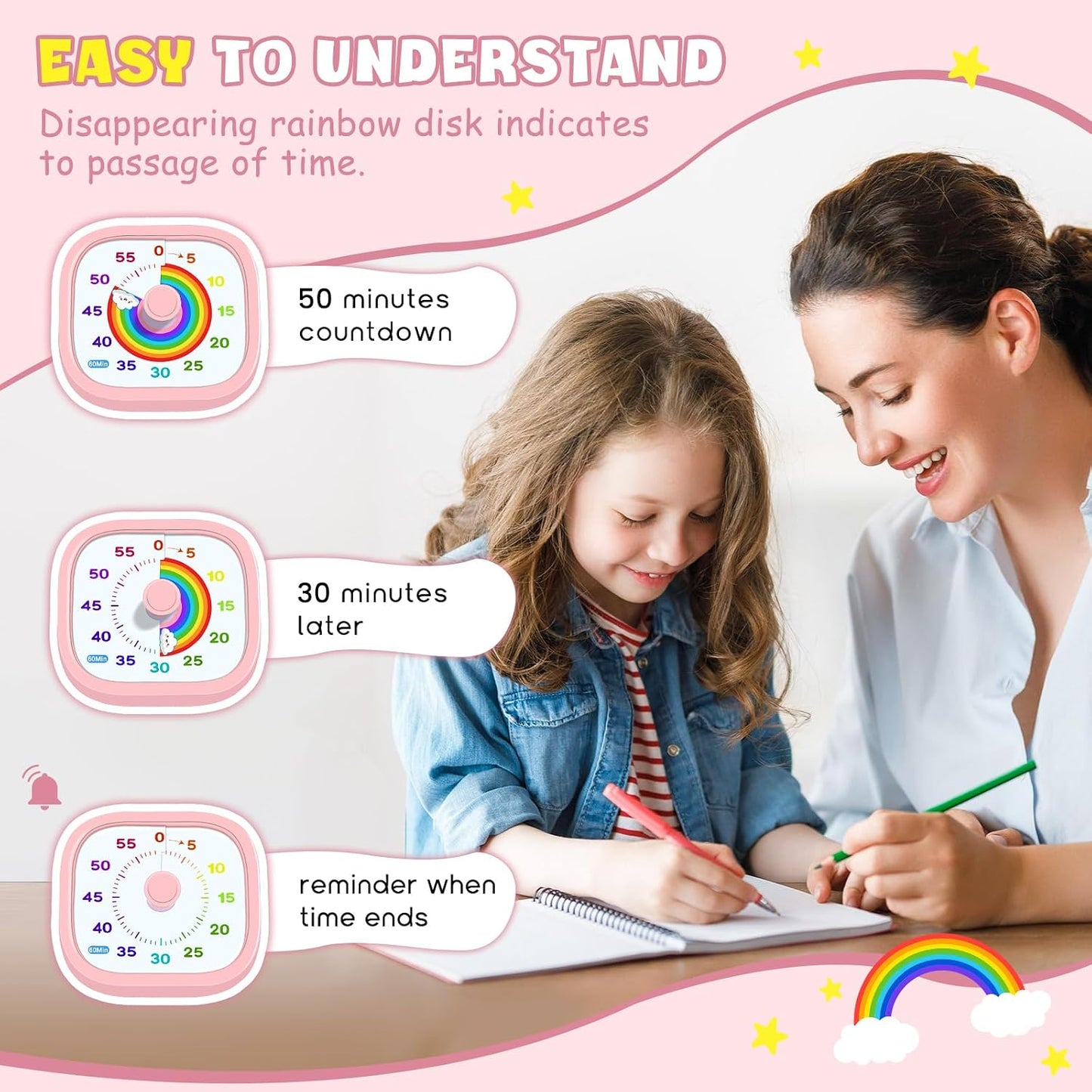 HIPPIH Visual Timer for Kids - 60 Minute Pomodoro Timers for Classroom Kitchen Office, Countdown Kids Timer Clock with Rainbow Disk, Desk Time Management Tool for Toddler with Silent Operation, Pink