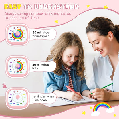 HIPPIH Visual Timer for Kids - 60 Minute Pomodoro Timers for Classroom Kitchen Office, Countdown Kids Timer Clock with Rainbow Disk, Desk Time Management Tool for Toddler with Silent Operation, Pink