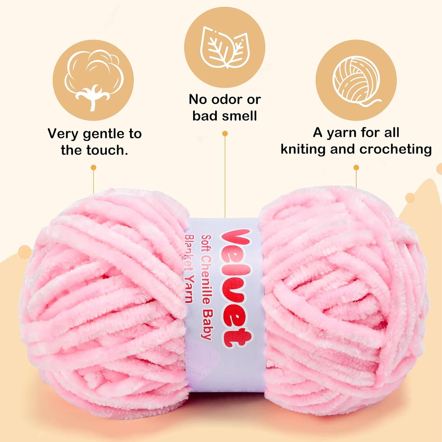 Soft Velvet Chenille Yarn for Crocheting & Knitting - Bulky Yarn for DIY Weaving Crafts 3 Skeins Pink (3.5oz 66yds/Skein)
