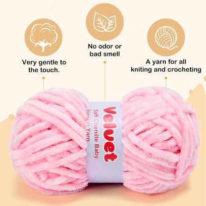 Soft Velvet Chenille Yarn for Crocheting & Knitting - Bulky Yarn for DIY Weaving Crafts 3 Skeins Pink (3.5oz 66yds/Skein)
