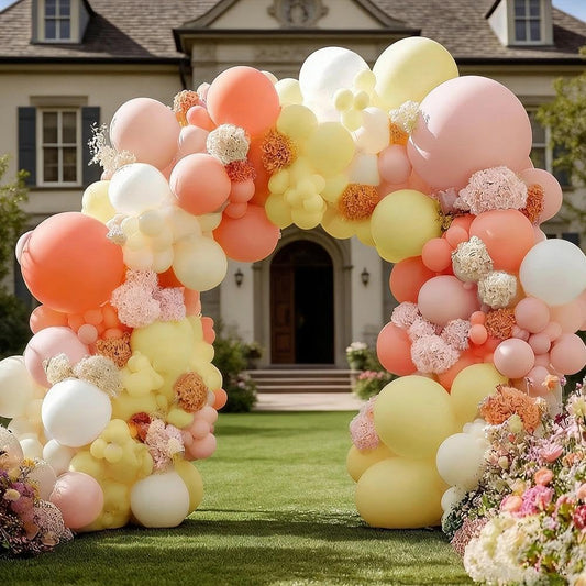 Pink Yellow Peach Balloons with Hydrangea Artificial Flowers, Double Stuffed Pastel Pink Coral White Ivory Balloon Arch for Wildflower Baby Shower Birthday Bridal Shower Easter Tea Party Decor
