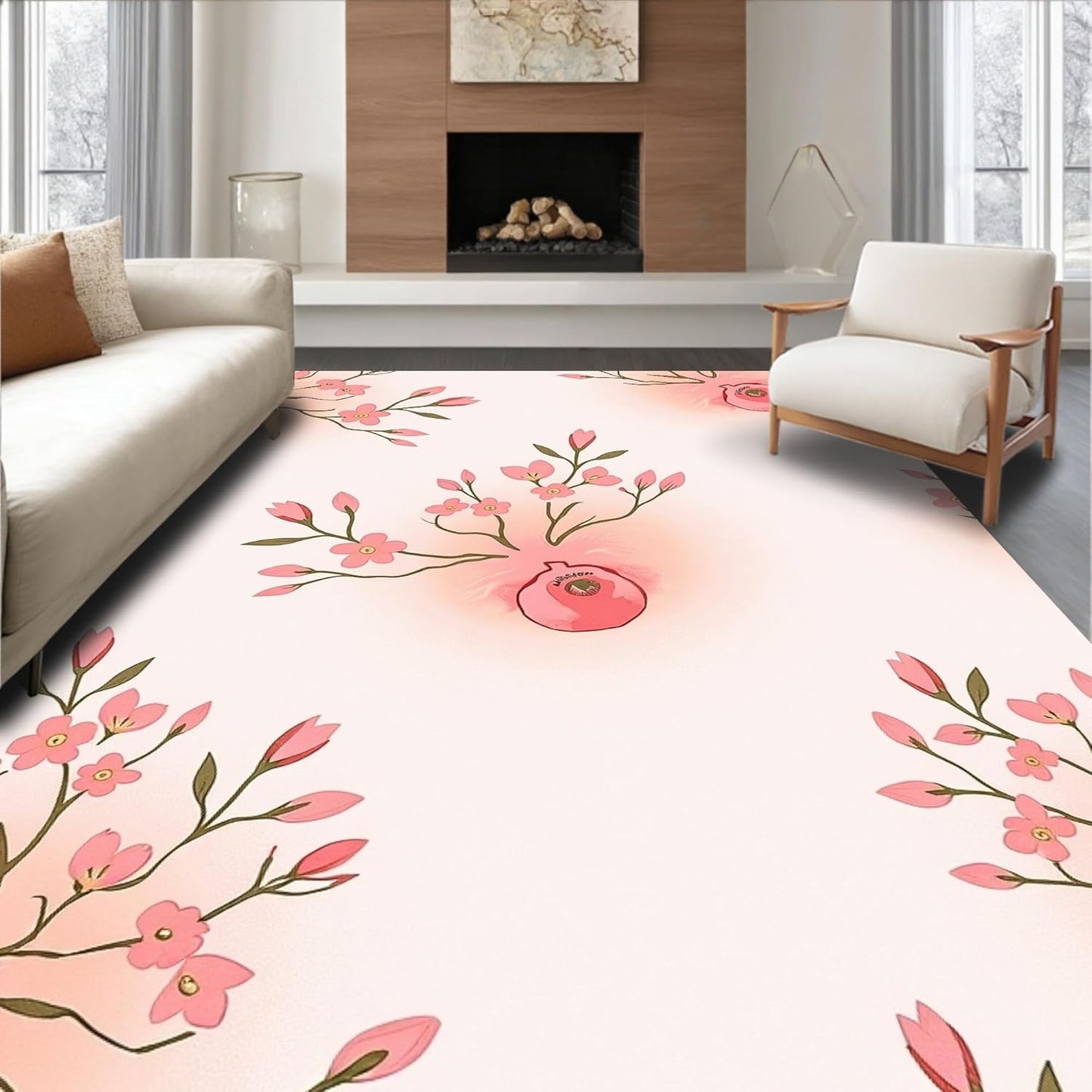Flatwoven Area Rug 4x6 ft, Peach Blossom Abstract Floor Art, Non Slip, Stain Resistant, Washable High Traffic Area Rugs for Living Room, Bedroom Decor