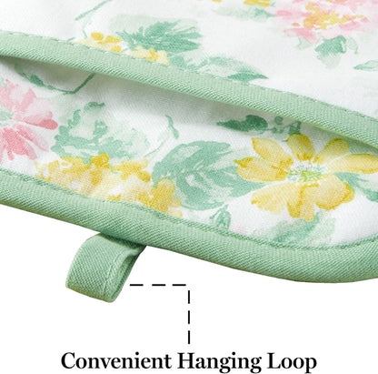 Martha Stewart Amber Floral Oven Mitt & Pot Holder Set 2-Pack, Pink/Yellow, OM: 7"x13" & PH: 7"x10"