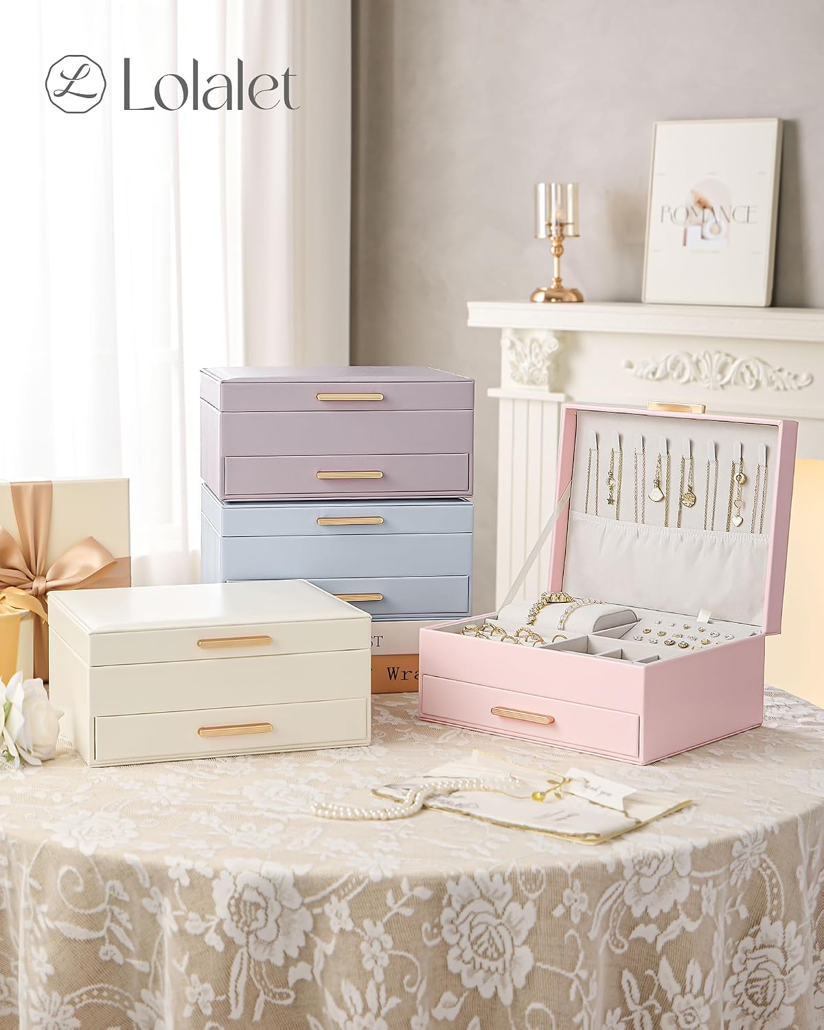 Lolalet 2-Layer Jewelry Box Organizer for Women Girls, Jewelry Storage Case Holder with Drawers for Necklaces Ring Earrings Bracelet Watch, Gifts Choice for Mom Mother’s Day -Pink