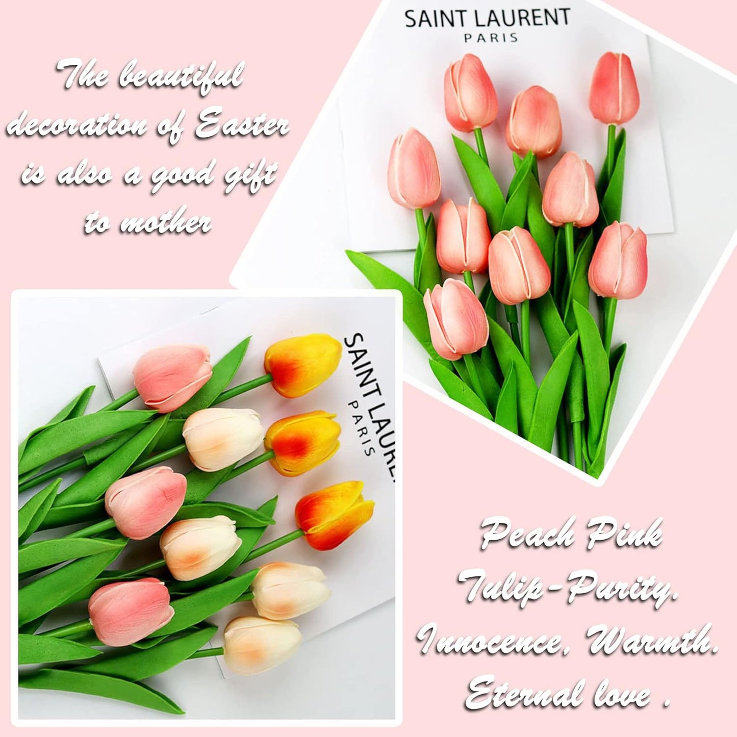KOILLUXU Artificial Flowers 30pcs Bouquet 14" Tall Real Touch Tulips, Peach Pink PU Fake Tulips Flowers for Arrangement Wedding Party or Easter Spring Home Centerpiece Dining Room Office Table Décor.