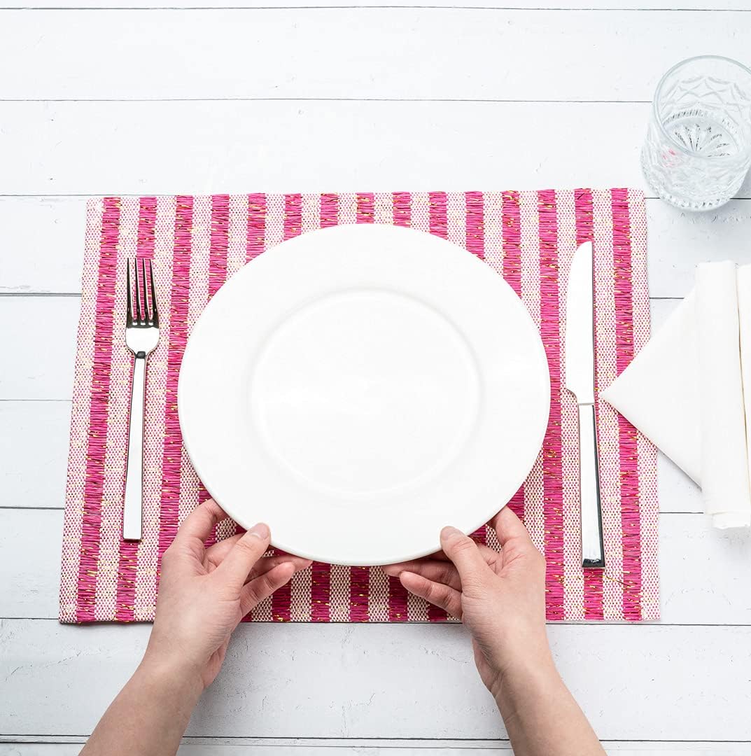 Restaurantware 16 x 12 Inch Dining Table Placemats Set Of 6 Rectangle Kitchen Table Mats - Pink Stripes Easy To Clean Pink Plastic Striped Placemats Wipeable Durable