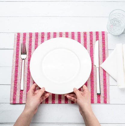 Restaurantware 16 x 12 Inch Dining Table Placemats Set Of 6 Rectangle Kitchen Table Mats - Pink Stripes Easy To Clean Pink Plastic Striped Placemats Wipeable Durable