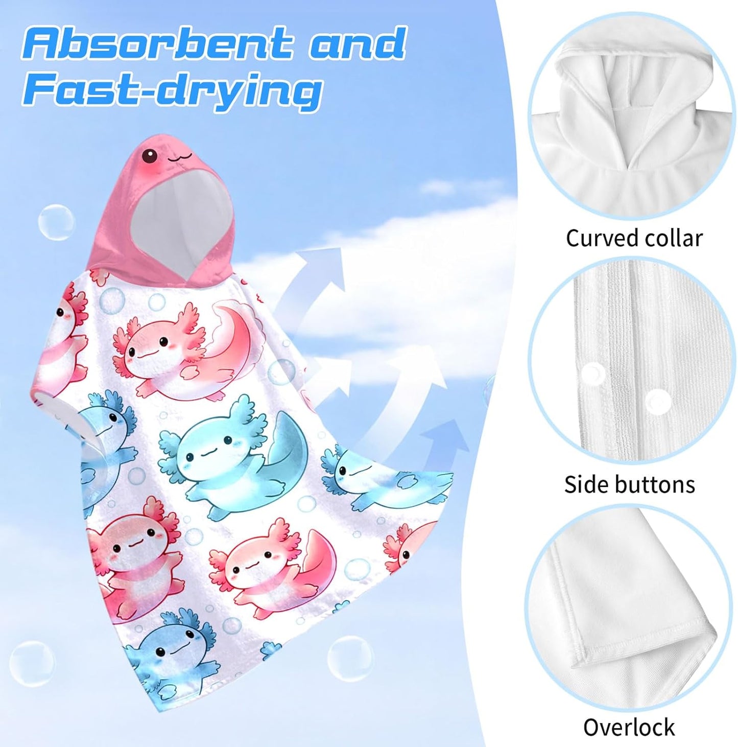 Axolotl Kids Hooded Beach Towel Wrap for 4-12 Years, Soft Absorbent Bath Poncho with Pink Axolotl Bubbles Print, Quick Dry Swim Cover Up for Pool, Beach, Vacation and Bathroom, 31x39 Inch