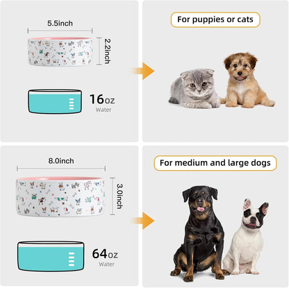 Fun Elements Ceramic Dog Bowls, Large Sized 64 Fl Oz Heavy Food and Water Bowl for Medium Dogs with Adorable Patterns (Large, Pink)