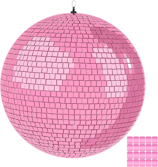 16 Inch Mirror Disco Ball lamp, Pink 16" Disco Ball Decor Hanging Disco Ball for Party Wedding Holiday Home Decoration, Replacement Mirror x 20pcs (Pink, 16inch)