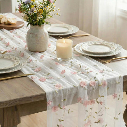 Artoid Mode Pink 3D Flower Gauze Embroidery Table Runner 120 Inch 10FT, Tulle Seasonal Spring Kitchen Dining Holiday Table Decor for Home Party