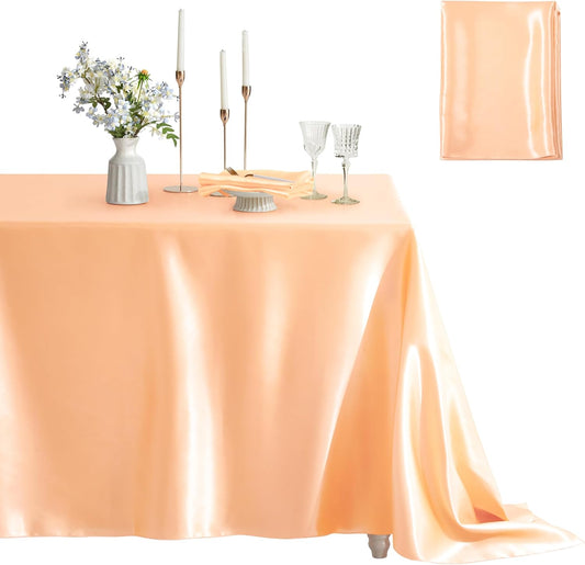 1 Pack Square Satin Table Cover Silkly Soft Table Cloth, Satin Dining Table Cloths for Wedding Banquet Table Decoration, Dining Room, Indoor and Outdoor Use, 52 x 52 Inches, Peach