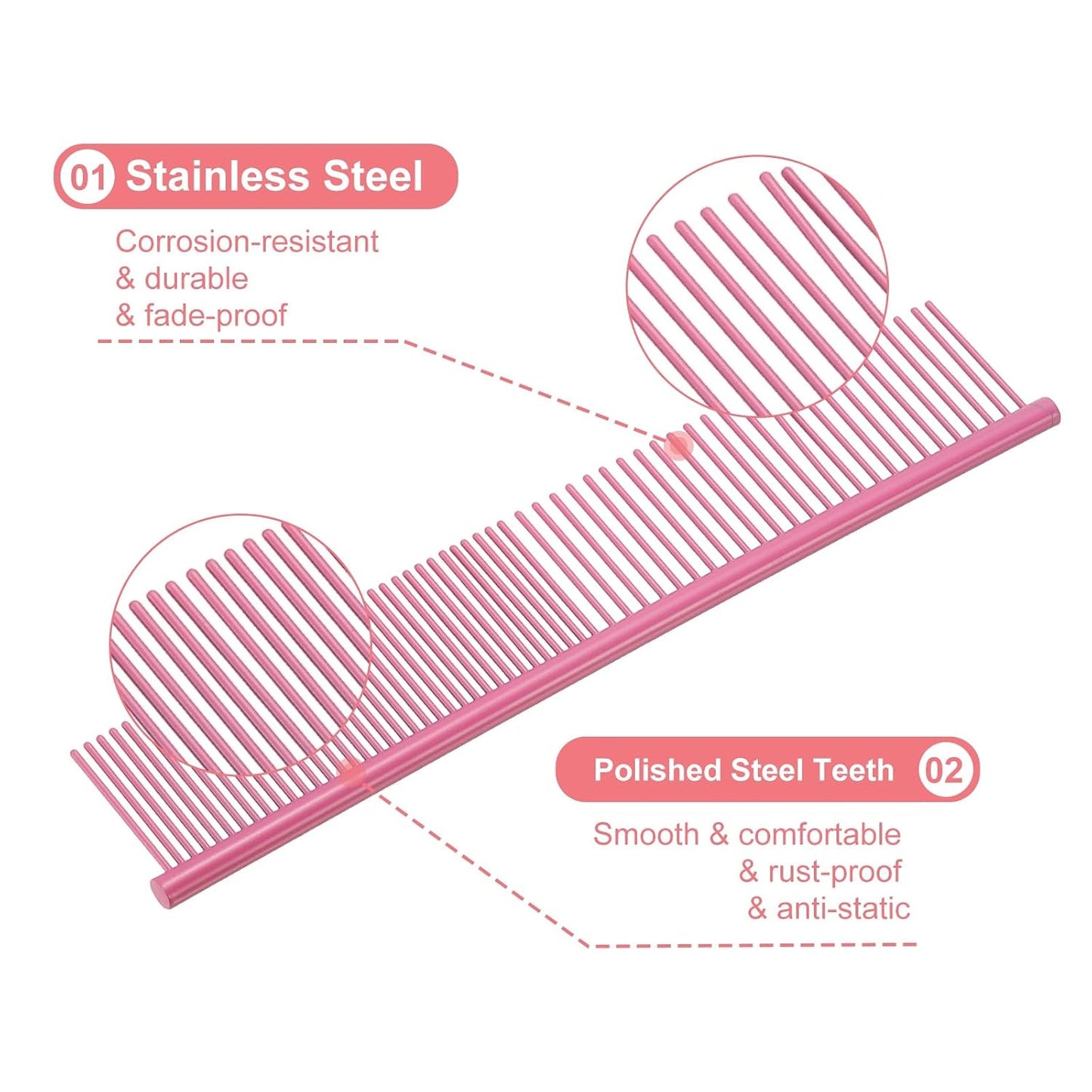 Dog Cat Comb, Pet Combs Stainless Steel Teeth with Rounded Ends for Knots Mats Loose Hair Removal, 6.5/7.5IN (Pink Coated, 2 Pack), Grooming Tool Intended for Long Curly Hair Pet