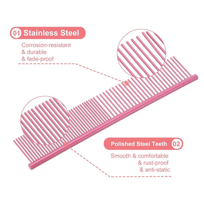 Dog Cat Comb, Pet Combs Stainless Steel Teeth with Rounded Ends for Knots Mats Loose Hair Removal, 6.5/7.5IN (Pink Coated, 2 Pack), Grooming Tool Intended for Long Curly Hair Pet