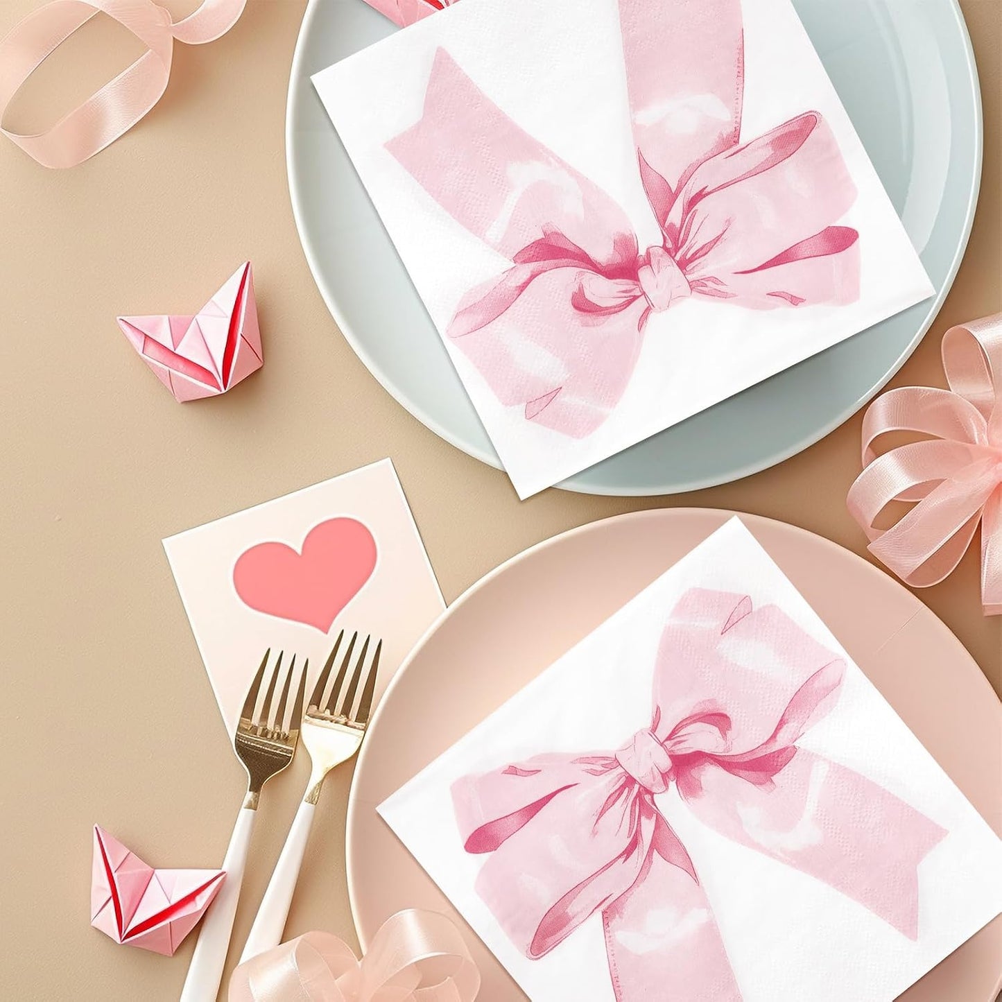 JarThenaAMCS 100Pcs Pink Bow Coquette Paper Napkins Watercolor Ribbon Bowknot Disposable Luncheon Dinner Napkins For Birthday Baby Shower Bachelorette Party Table Supplies