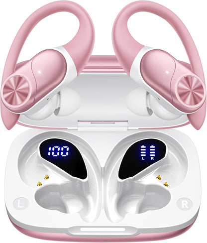 PocBuds Bluetooth Headphones Wireless Earbuds 80hrs Playtime Wireless Charging Case Digital Display Sport Ear Buds with Earhook Deep Bass IPX7 Waterproof Over-Ear Earphones for Phone Laptop Rose Gold