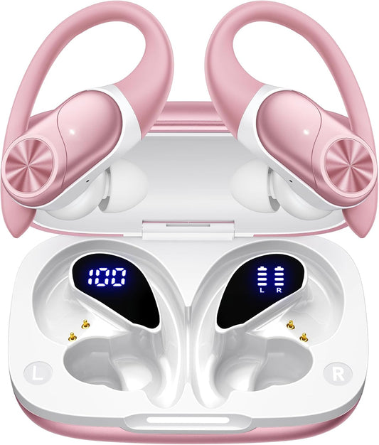 PocBuds Bluetooth Headphones Wireless Earbuds 80hrs Playtime Wireless Charging Case Digital Display Sport Ear Buds with Earhook Deep Bass IPX7 Waterproof Over-Ear Earphones for Phone Laptop Rose Gold