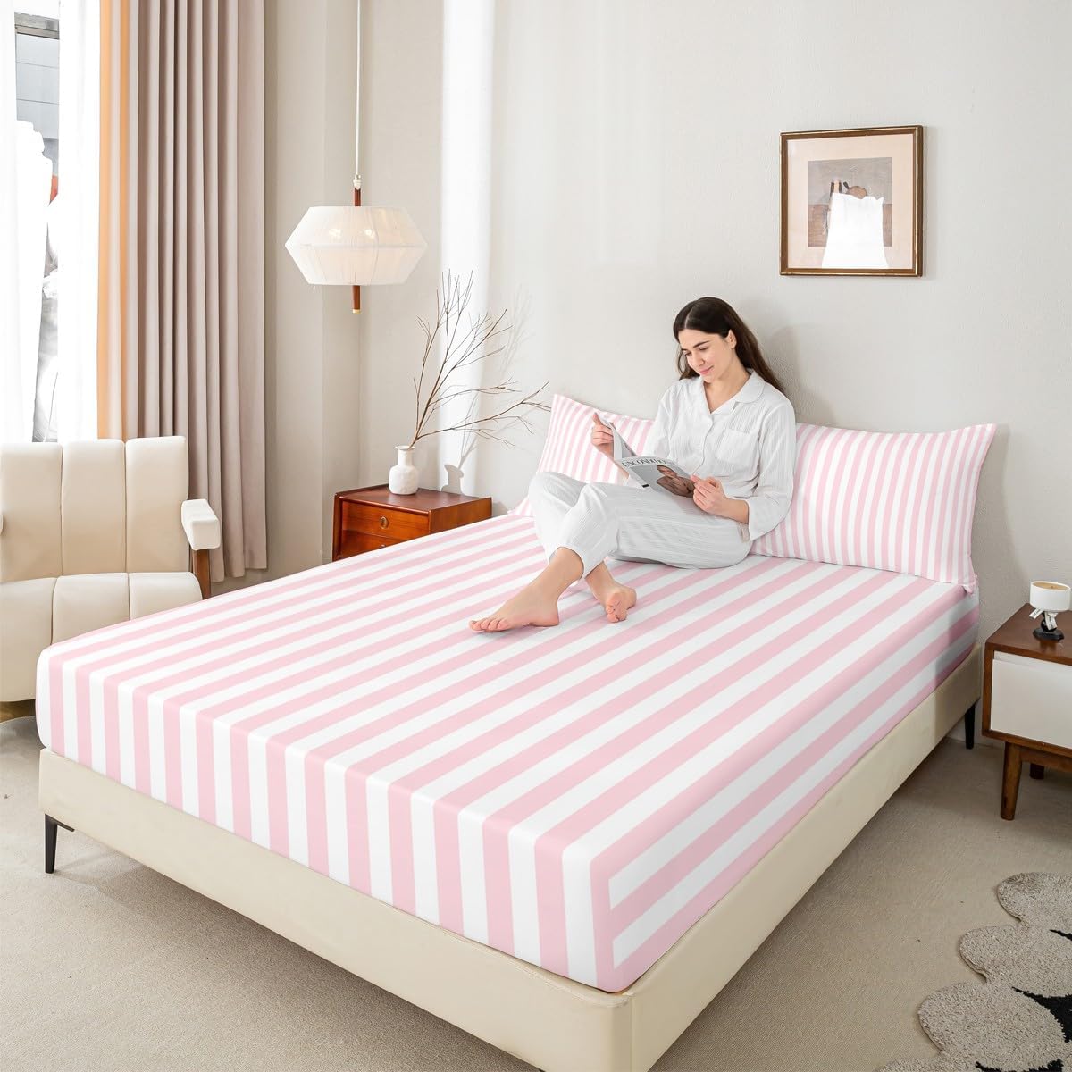 Manfei Striped Sheet Set for Kids Adults Boys Girls,Minimalist Vertical Stripes Fitted Sheet Sets Full 4 Pcs,Modern Style Pink White Fitted + Flat Sheet,2 Pillowcases