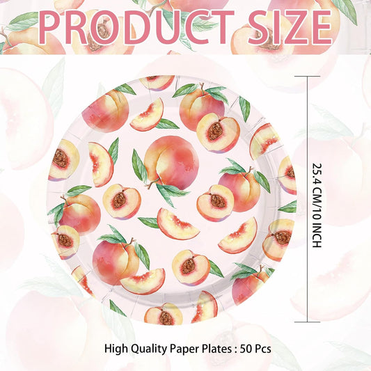 50Pcs Peach Paper Plates 10 Inch Large Heavy Duty Disposable Sweet As Peaches Dessert Platter Spring Summer Fruit Dinner Plates for Wedding Birthday Baby Shower Party Supplies