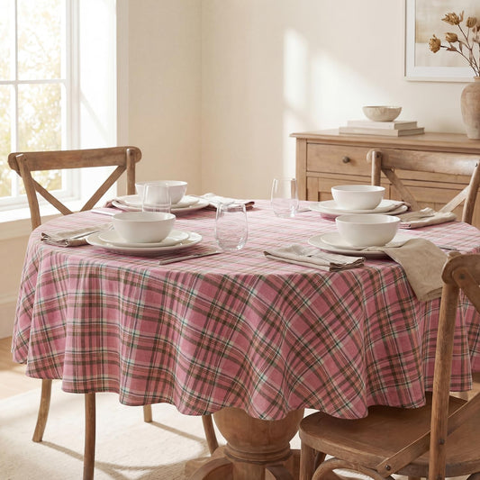 Horaldaily Spring Checkered Tablecloth 55×55 Inch Round, Pink Buffalo Plaid Spring Table Cloth, Washable Spring Farmhouse Table Decor for Dinner/Party Decoration/Holiday