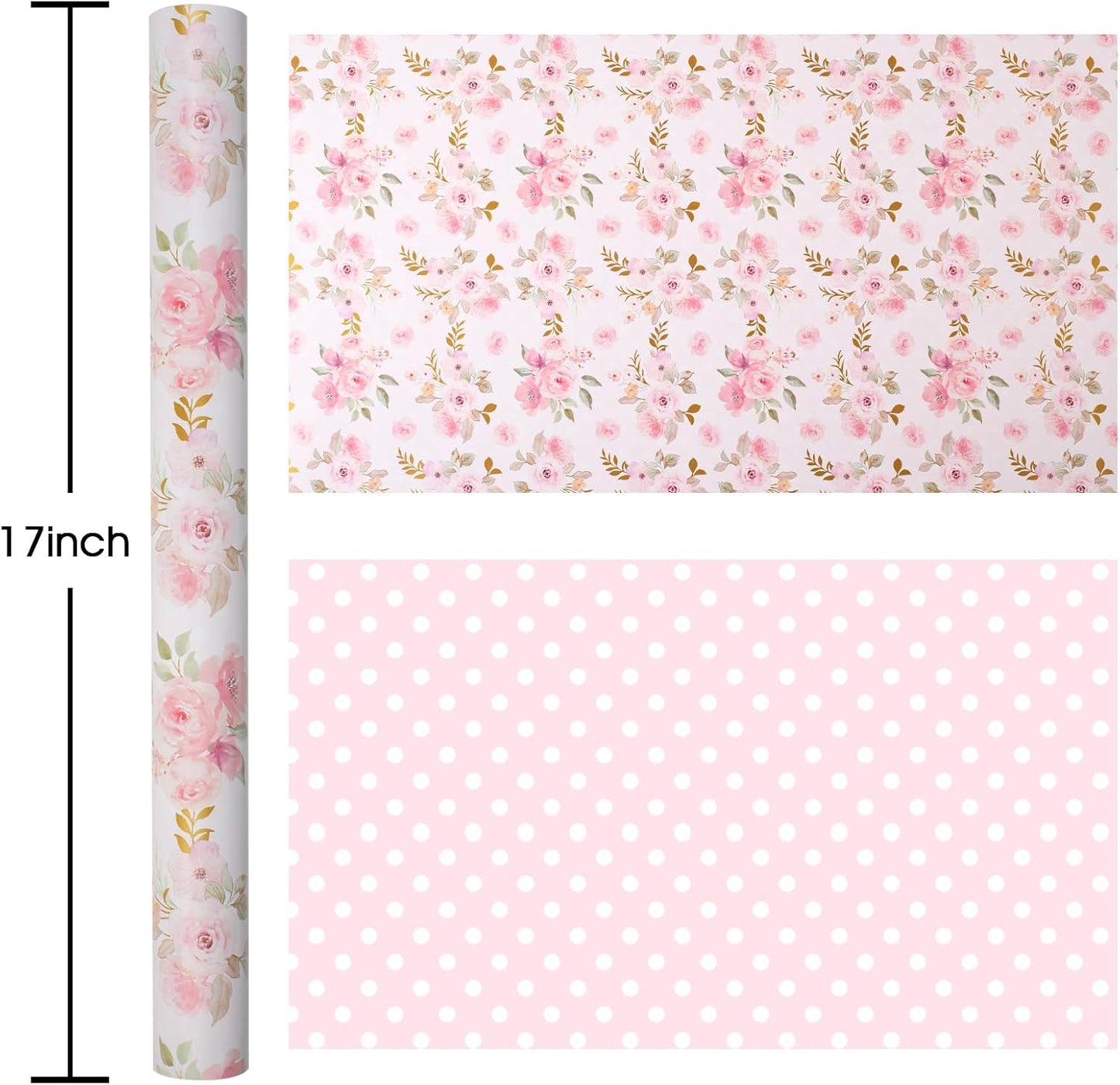 Burymento Pink Flower Wrapping Paper, Reversible Pink Wave Point Gift Wrap for Birthday, Valentines, Mothers day, Graduation, Wedding, Fathers day, Baby Shower, Christmas (17in x 32.8ft)