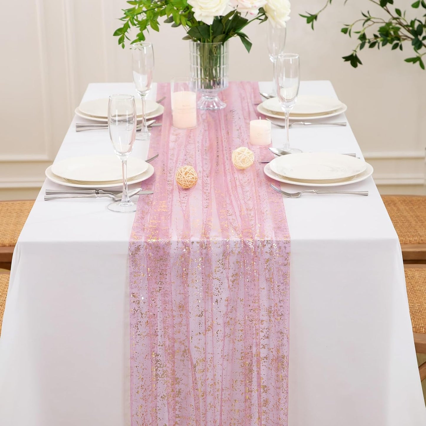 P Pothuiny 2 Pcs Dusty Pink Table Runner 28 x 120 Inch, Glitter Metallic Foil Tulle Table Runner Party Golden Sheer Gauze Table Decor for Wedding Birthday Christmas Anniversary