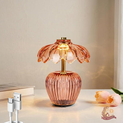 MJ PREMIER Rechargeable Table Lamp, Cordless Lamp with Timer, Crystal Glass Flower Lampshade, Small Table Lamps, Decorative Led Light for Bedroom Living Room Shelf (Pink)