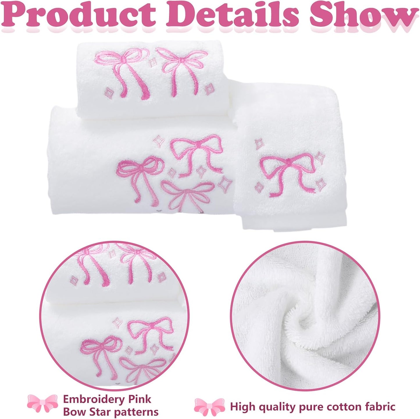 FYSUIMU Pink Bow Towel Set of 3 Cotton Embroidered Bow Knot Bath Towel Hand Towels Wash Cloth for Hand Drying Bathroom Shower Supplies