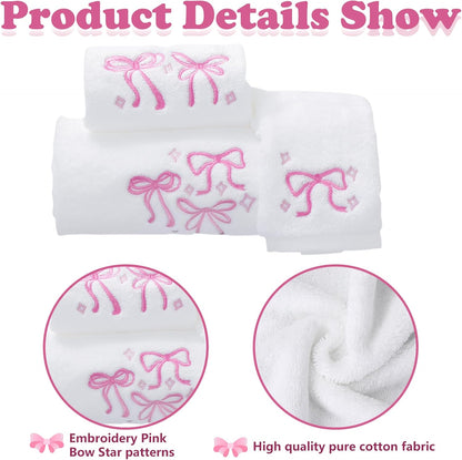 FYSUIMU Pink Bow Towel Set of 3 Cotton Embroidered Bow Knot Bath Towel Hand Towels Wash Cloth for Hand Drying Bathroom Shower Supplies