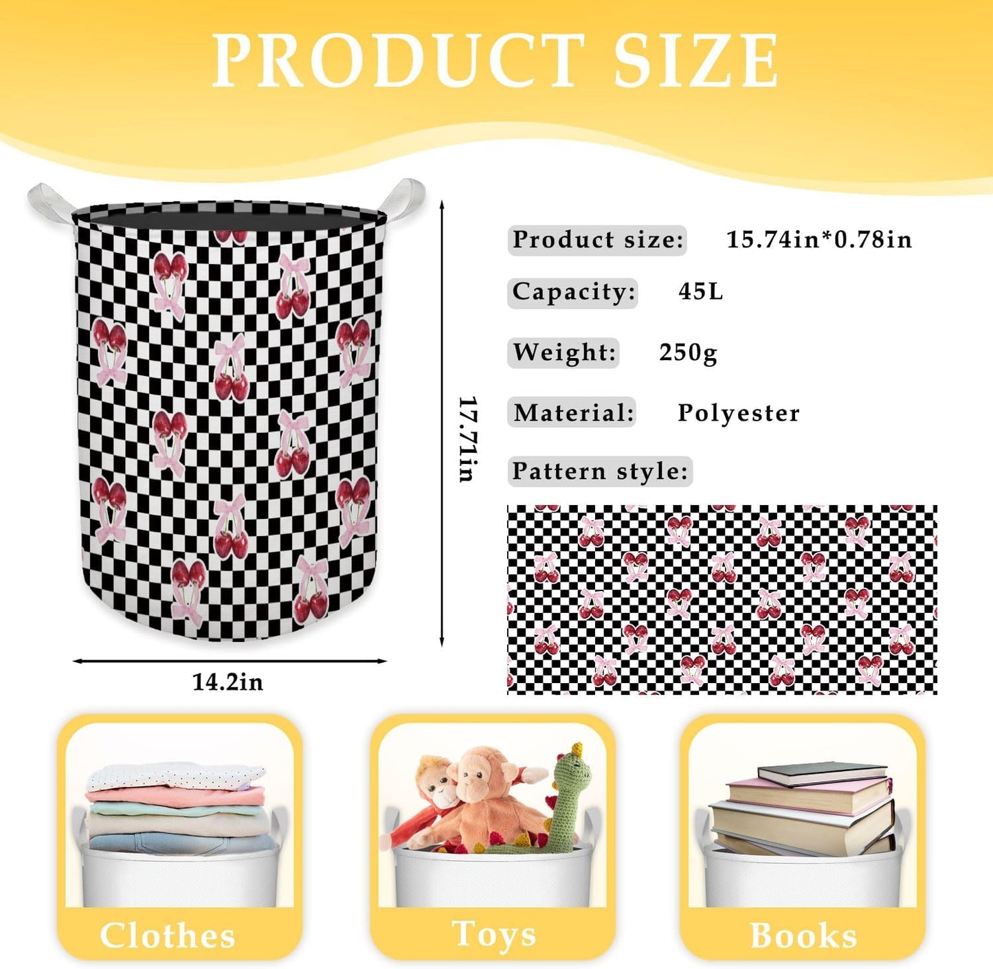 Coquette Pink Cherry Bow Laundry Basket, Toybox for Girls Room, Checkered Laundry Basket Hamper Waterproof Collapsible Clothes Toys Storage Bin Organizer for Bedroom Bathroom Girls Room Dorm