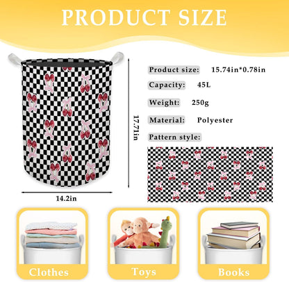 Coquette Pink Cherry Bow Laundry Basket, Toybox for Girls Room, Checkered Laundry Basket Hamper Waterproof Collapsible Clothes Toys Storage Bin Organizer for Bedroom Bathroom Girls Room Dorm