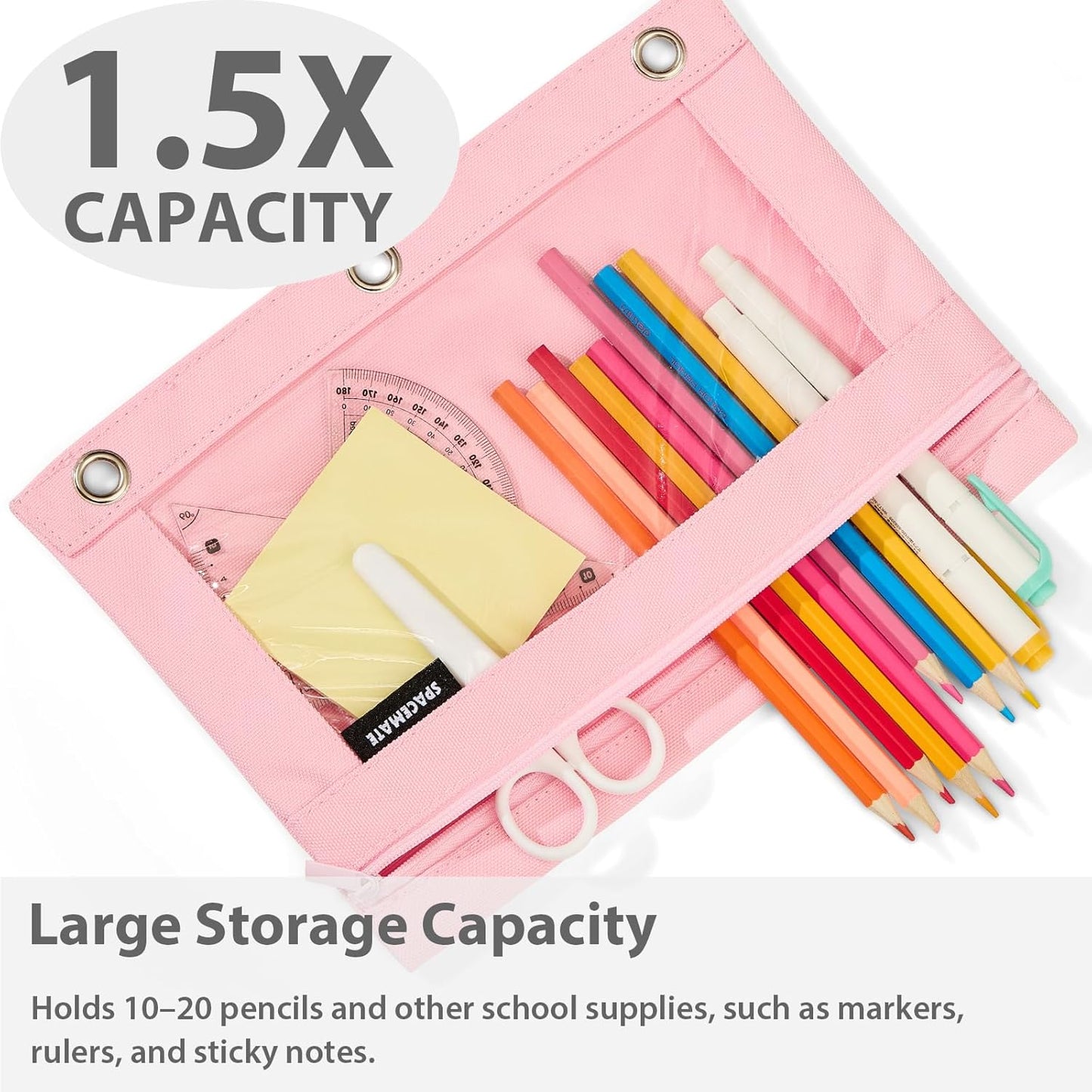 SPACEMATE Binder Pencil Pouch Case Box Bag for 3 Ring Binder School Supplies Girls Boys Kids, Clear Preppy Stuff Large Aesthetic Pen Organizer, Back to College Stationary, 1 Pack, Light Pink