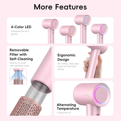 Hair Dryer, TurboLux Ionic 200 Million Negative Ions 1500W Fast Drying High Speed Hairdryer with Diffuser, Lightweight, Low Noise Hair Dryers for Women with 110000 RPM Brushless Motor (Pink)