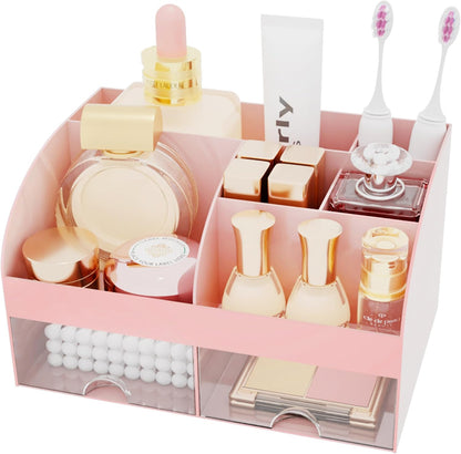 Makeup Organizer with 2 Drawers, Cosmetic Storage for Dresser Vanity and Bathroom Countertop,Make up organization and Skincare Storage with Beauty Brush Holder, Cosmetic Display Case (Pink)