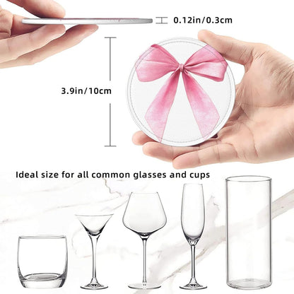 Watercolor Light Pink Coquette Bow Premium Leather Coasters, Set of 6 with Holder, Stylish Beverage Coasters for Kitchen Coffee Bar