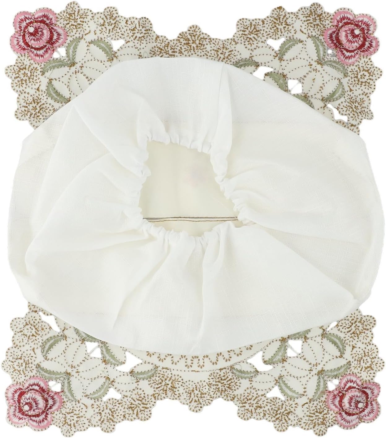 Elegant vintage lace tissue box cover featuring embroidered floral design, made from fabric to securely fit standard tissue boxes and beautify your room (Pink)
