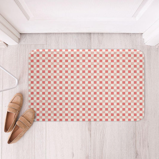 Castle Fairy Pink White Checkered Bathroom Rugs,Checkerboard Non Slip Bath Mat Aesthetic Plaid Bathroom Indoor Floor Mats,Cute Geometric Grid Shaggy Absorbent Bathtub Decor Rug,20"x32"