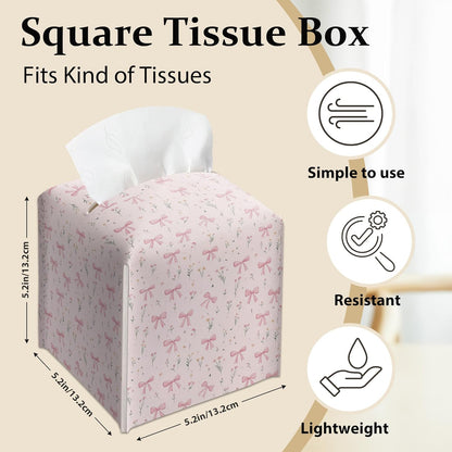 Pink Bows With Ditsy Flowers Tissue Box Cover, Girly Cute Floral Prints Tissue Box Cover Square-Waterproof Leather, Desktop Decor for Kitchen, Bathroom, Nightstand, Office, Gift for Women & Friend-A24
