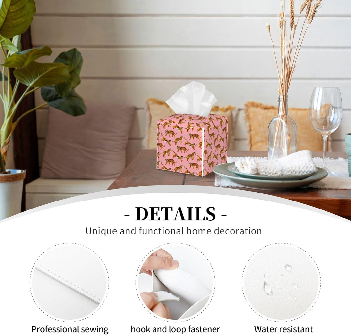 Pink Tigers Tissue Box Cover Square Pu Leather Tissue Holder Facial Tissue Case Facial Paper Organizer Dispenser for Home Bedroom Dresser Night Stand Office Desk Car