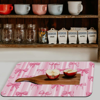 Pink Bow Dish Drying Mat for Kitchen Counter 2 Pack Bowknot Cute Dreamy Ribbon Romantic Absorbent Draining Pad, Non-Slip Coffee Bar Mats for Coffee Machine Station Accessories 12"L x 20"W