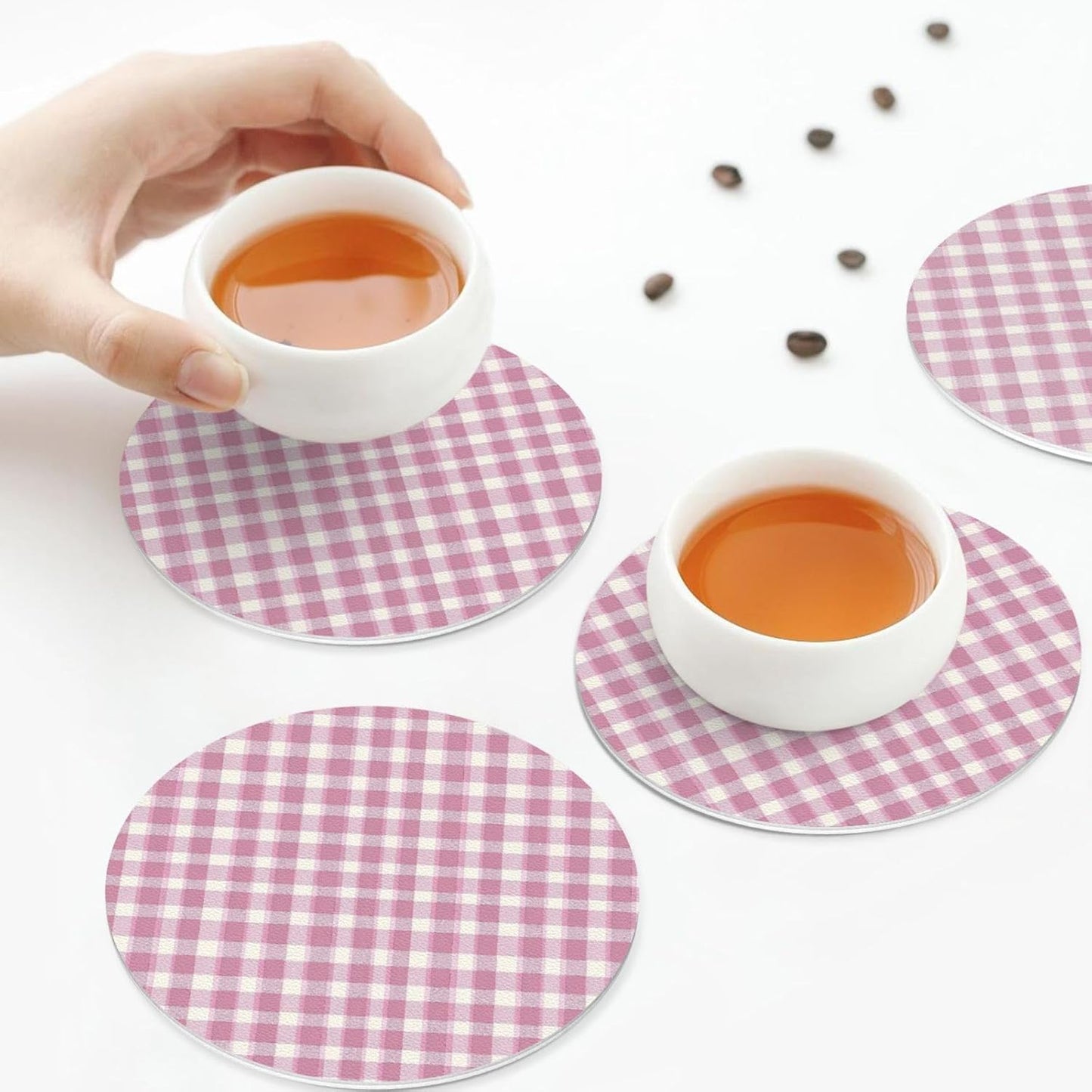 Pastel Pink Gingham (3) Pattern Leather Coasters for Drinks(4 Pack)，Handmade Durable Drink Coasters Set for Tabletop Protection
