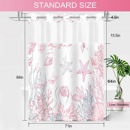 Extra Long No Hook Shower Curtain with Snap in Liner, Beach Ocean Nautical Coastal Shower Curtains and Liner Set for Bathroom, Seashell Fabric Bath Curtain, Waterproof Washable, Pink 71"x84"
