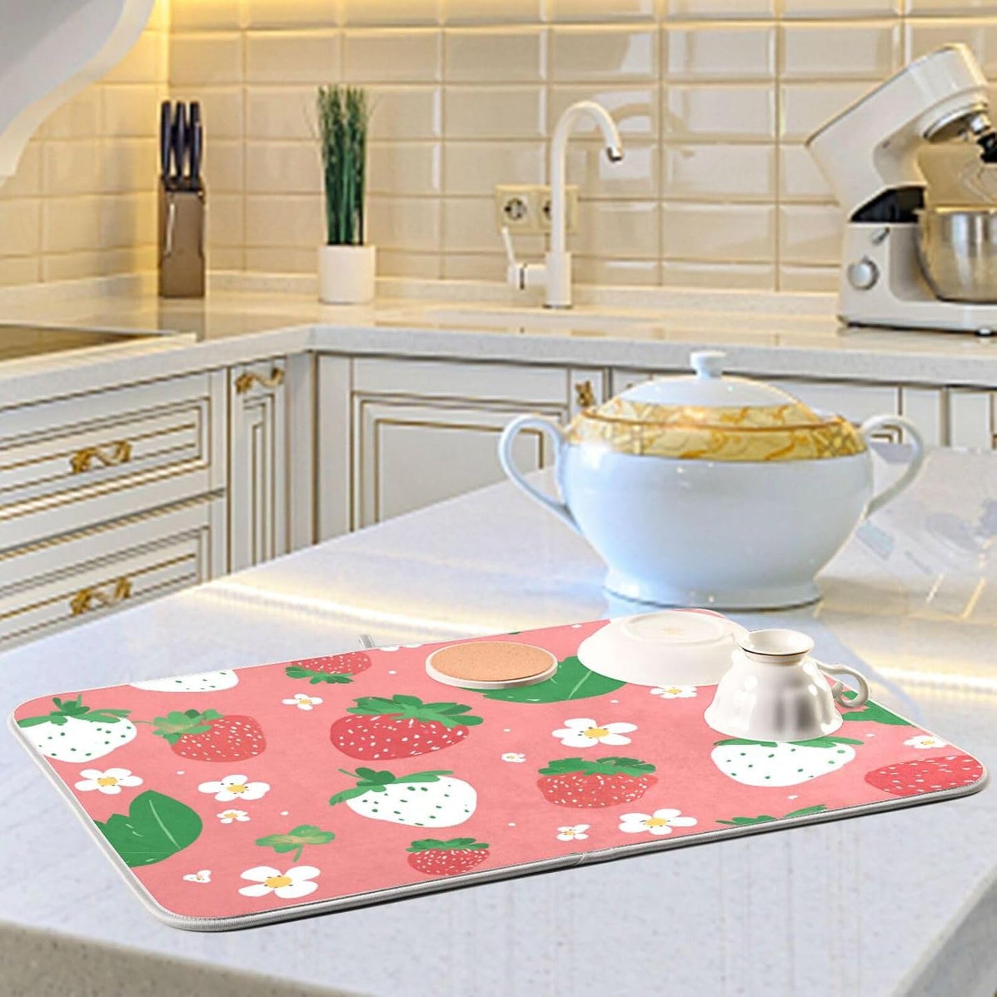 Dish Drying Mat 16x18 For Kitchen Counter Cute Strawberry Pink Green Absorbent Dishes Drainer Rack Mats Microfiber Reversible Dish Drying Pad Fast Dry Kitchen Accessories
