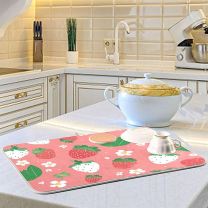 Dish Drying Mat 16x18 For Kitchen Counter Cute Strawberry Pink Green Absorbent Dishes Drainer Rack Mats Microfiber Reversible Dish Drying Pad Fast Dry Kitchen Accessories