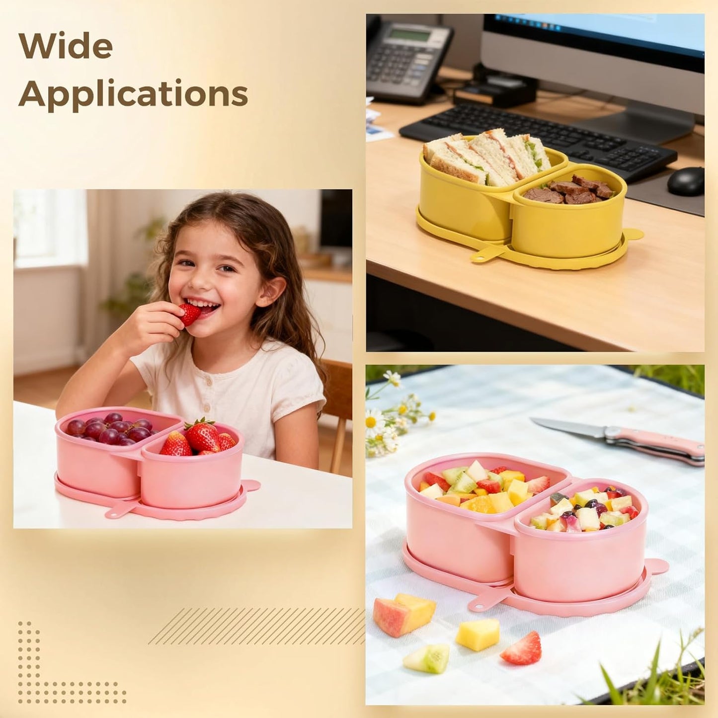 3 Pcs Silicone Double Compartment Snack Containers with Lids, Mini Food Storage Box, 5.7 x 3.5 x 1.7 in Portable Snackle Box for Condiments, Pink, Yellow, Green