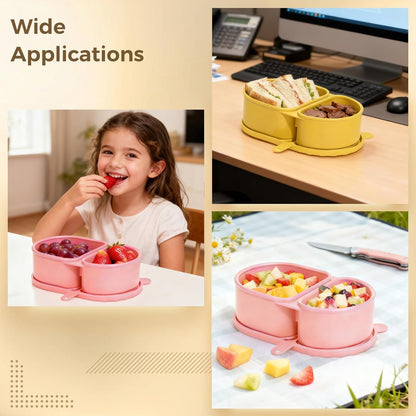 3 Pcs Silicone Double Compartment Snack Containers with Lids, Mini Food Storage Box, 5.7 x 3.5 x 1.7 in Portable Snackle Box for Condiments, Pink, Yellow, Green