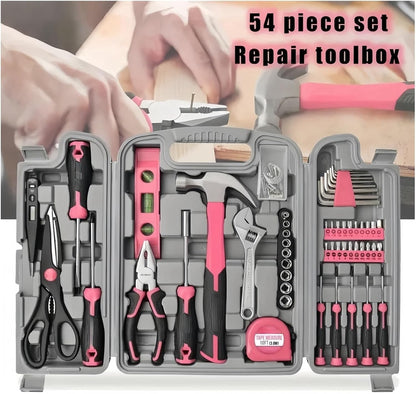 54pc Pink Home DIY Repair Tool Kit Set Women Ladies Beginner Complete Hand Tools in a Portable Toolbox Case