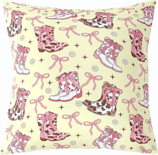 Cowgirl Western Cushion Covers Girly Bow Cushion Cases 24X24 Inch Pink Bowknot Cow Throw Pillow Covers For Living Room Sofa Accent Home Decor Yellow Farmhouse Cowboy Rustic Pillow Inserts Not Included