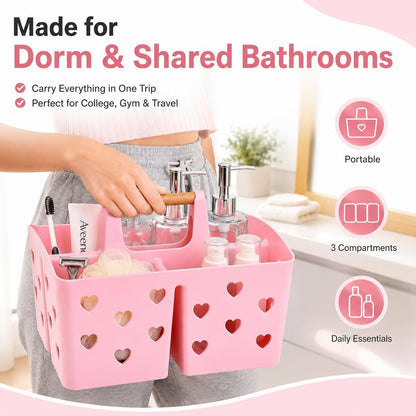 Pink Portable Shower Caddy with Wooden Handle, Plastic Shower Basket Organizer with Drainage Holes & 3 Compartments, Dorm Shower Caddy for College Students, Bathroom, Gym, Camping Toiletry Storage