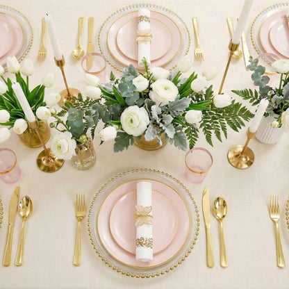 Rubtlamp 210Pcs Plastic Pink Plates with Gold Plastic Silverware Set Include 30Pink Dinner & 30 Dessert Plates, 90Gold Cutlery, 30Gold Cups, 30Napkins, Pink Dinnerware for Valentines&Mother's Day